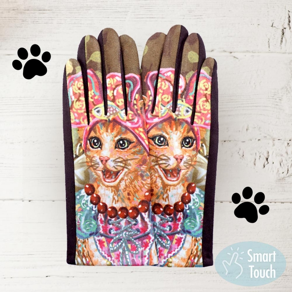 MultiColored Cat Print Bohemian Kitty Smart Touch Winter Gloves Trendy Statement